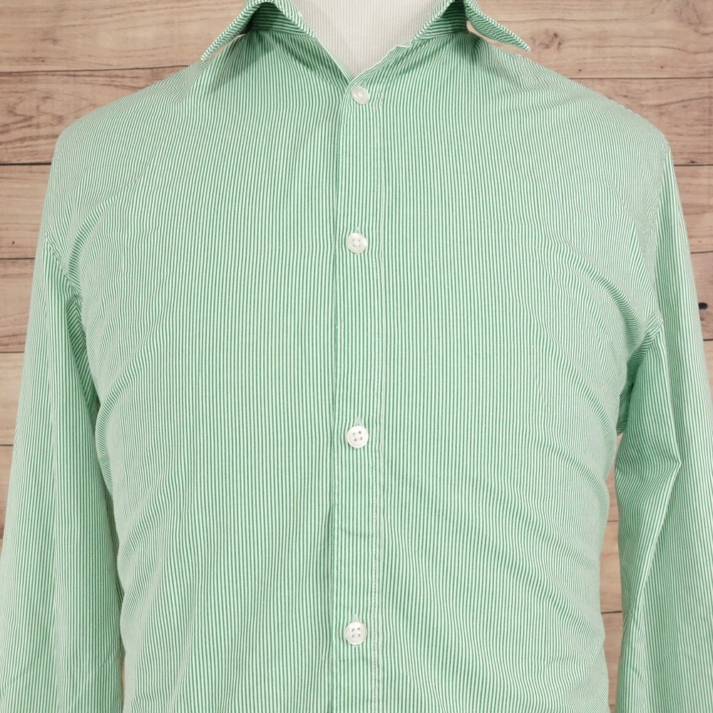 H&M Button Down Shirt Mens L Green Striped Slim Fit Easy Iron Long Sleeve